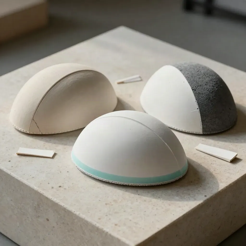 Three prototype shells on travertine, one promoted forward under soft light
