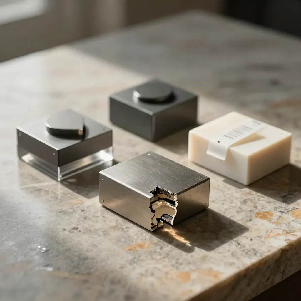 Prototype samples, cracked fragment and sealed materials box on stone, lit cinematically.