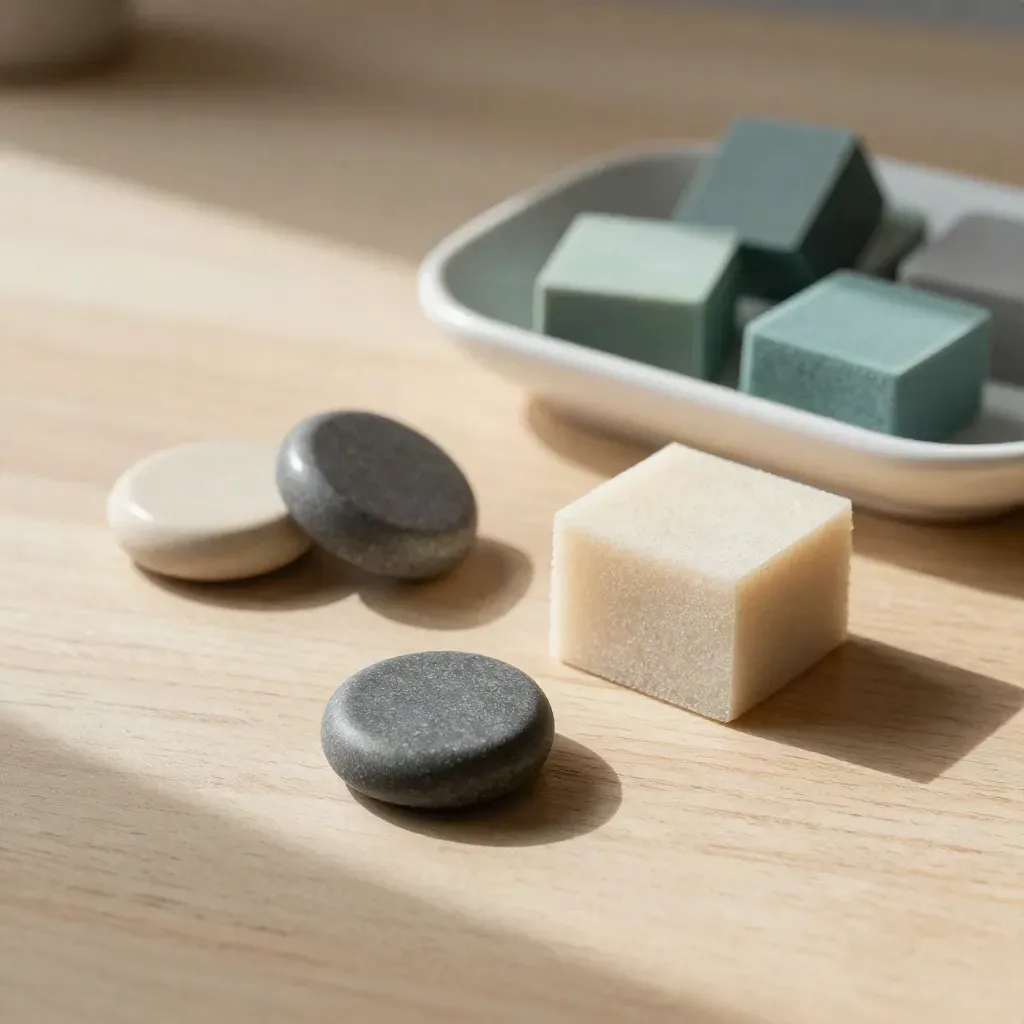 Overhead still-life of strategy tokens, foam blocks and a ceramic tray on pale oak.
