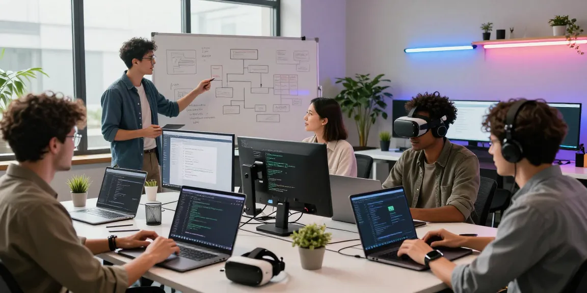 Dynamic team collaboration in a tech workspace showcasing juicy ai developments with laptops, flowcharts, and vibrant energy.